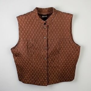 Vintage F.L. Malik Brown Quilted Diamond Pattern Vest Jeweled Buttons Size L